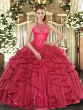 Exceptional Coral Red Organza Lace Up High-neck Sleeveless Floor Length Quince Ball Gowns Beading and Ruffles