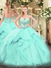 Glittering Floor Length Lace Up Quinceanera Dresses Aqua Blue for Military Ball and Sweet 16 and Quinceanera with Beading and Ruffles