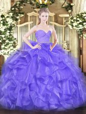 Super Lavender Organza Zipper Quinceanera Dress Sleeveless Floor Length Beading and Lace and Ruffles