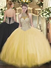 Glorious Gold Sleeveless Floor Length Beading Lace Up Quinceanera Dresses