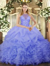 Blue Organza Lace Up Halter Top Sleeveless Floor Length Quinceanera Gown Beading and Ruffles and Pick Ups