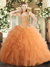 Shining Tulle Sleeveless Floor Length Quinceanera Gowns and Beading and Ruffles