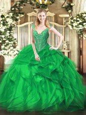 Amazing Floor Length Green Vestidos de Quinceanera V-neck Sleeveless Lace Up