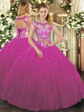 Sweet Floor Length Fuchsia Quinceanera Gown Scoop Cap Sleeves Lace Up