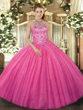Hot Pink Tulle Lace Up 15 Quinceanera Dress Sleeveless Floor Length Beading and Embroidery