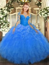 Inexpensive Blue Ball Gowns Scoop Long Sleeves Organza Floor Length Lace Up Lace and Ruffles Ball Gown Prom Dress