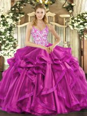Beauteous Fuchsia Lace Up Straps Beading and Appliques and Ruffles 15th Birthday Dress Organza Sleeveless