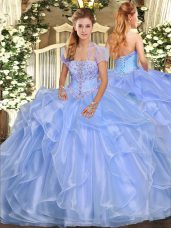 Inexpensive Light Blue Sleeveless Organza Lace Up Quinceanera Gowns for Military Ball and Sweet 16 and Quinceanera