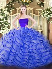 Fashion Sleeveless Ruffles Zipper Sweet 16 Dresses with Blue Brush Train