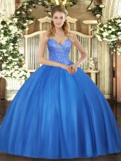 Blue Sleeveless Floor Length Beading Lace Up Quinceanera Dress