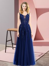 Spectacular Royal Blue Empire Beading and Appliques Party Dress for Girls Backless Tulle Sleeveless Floor Length