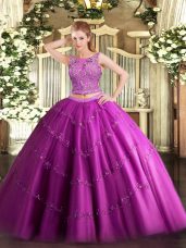 Floor Length Two Pieces Sleeveless Fuchsia Quinceanera Dresses Lace Up