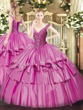 Lilac Ball Gowns V-neck Sleeveless Organza and Taffeta Floor Length Lace Up Beading and Ruffled Layers Quinceanera Dresses