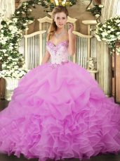 Superior Sleeveless Organza Floor Length Lace Up 15 Quinceanera Dress in Lilac with Beading and Ruffles and Pick Ups
