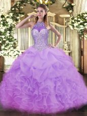 Fashionable Lavender Ball Gowns Organza Halter Top Sleeveless Beading and Ruffles and Pick Ups Floor Length Lace Up Quinceanera Dresses