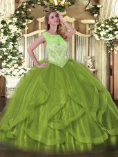 Beading and Ruffles Quinceanera Dress Olive Green Lace Up Sleeveless Floor Length
