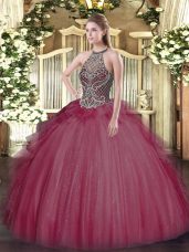 Tulle Halter Top Sleeveless Lace Up Beading Sweet 16 Dresses in Burgundy