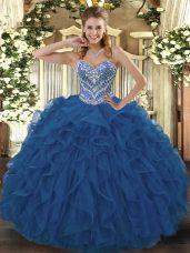 Unique Blue Ball Gowns Beading and Ruffled Layers Quinceanera Gown Lace Up Tulle Sleeveless Floor Length