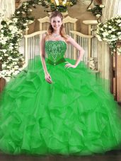 Green Organza Lace Up Strapless Sleeveless Floor Length Ball Gown Prom Dress Beading and Ruffles