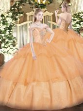 Dazzling Beading and Ruffled Layers 15 Quinceanera Dress Orange Lace Up Sleeveless Floor Length