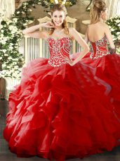Perfect Sleeveless Organza Floor Length Lace Up 15th Birthday Dress in Red with Beading and Ruffles
