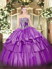 Glorious Purple Ball Gowns Organza and Taffeta Strapless Sleeveless Beading and Ruffled Layers Floor Length Lace Up Vestidos de Quinceanera