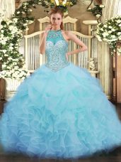 Aqua Blue Lace Up 15 Quinceanera Dress Beading and Ruffles and Pick Ups Sleeveless Floor Length