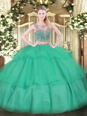Floor Length Turquoise Sweet 16 Dress Scoop Sleeveless Lace Up