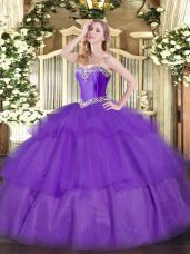 Glorious Sleeveless Tulle Floor Length Lace Up Sweet 16 Dresses in Lavender with Beading and Ruffled Layers