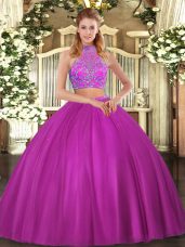 Shining Tulle Halter Top Sleeveless Criss Cross Beading Quince Ball Gowns in Fuchsia
