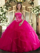 Hot Pink Ball Gowns Tulle Strapless Sleeveless Beading and Ruffles Floor Length Lace Up Ball Gown Prom Dress