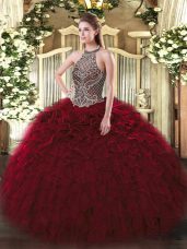 Wine Red Lace Up Halter Top Beading and Ruffles Ball Gown Prom Dress Organza Sleeveless