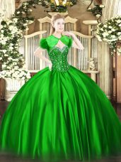 Green Satin Lace Up Sweetheart Sleeveless Floor Length Sweet 16 Dress Beading