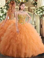 Vintage Orange Ball Gowns Tulle Sweetheart Sleeveless Embroidery and Ruffles Floor Length Lace Up Quinceanera Dresses