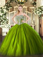 Excellent Olive Green Tulle Lace Up Strapless Sleeveless Floor Length Ball Gown Prom Dress Beading