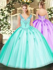 Custom Designed Turquoise Organza and Tulle Lace Up V-neck Sleeveless Floor Length Sweet 16 Quinceanera Dress Beading