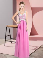 Custom Designed V-neck Sleeveless Chiffon Prom Dresses Lace Zipper