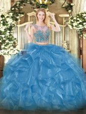 Gorgeous Baby Blue Organza Lace Up Scoop Sleeveless Floor Length 15 Quinceanera Dress Beading and Ruffles