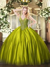 Stunning Ball Gowns Quinceanera Gown Olive Green V-neck Satin Sleeveless Floor Length Lace Up