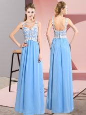 Elegant Aqua Blue Chiffon Zipper Prom Party Dress Sleeveless Floor Length Lace