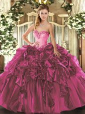 Attractive Fuchsia Sleeveless Floor Length Beading and Ruffles Lace Up Sweet 16 Dress
