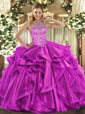 Hot Selling Fuchsia Sleeveless Beading and Embroidery and Ruffles Floor Length 15th Birthday Dress