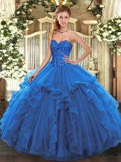 Stylish Blue Tulle Lace Up Vestidos de Quinceanera Sleeveless Floor Length Beading and Ruffles