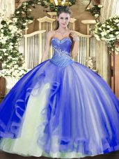 Blue Ball Gowns Tulle Sweetheart Sleeveless Beading and Ruffles Floor Length Lace Up Sweet 16 Quinceanera Dress