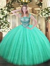 Best Sleeveless Tulle and Sequined Floor Length Lace Up Vestidos de Quinceanera in Turquoise with Beading