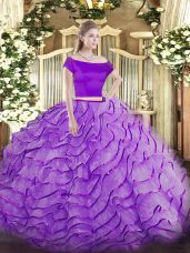 Amazing Lavender Off The Shoulder Neckline Appliques and Ruffles Sweet 16 Dresses Short Sleeves Zipper