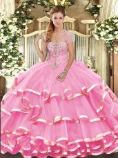 Admirable Rose Pink Sweet 16 Dresses Military Ball and Sweet 16 and Quinceanera with Appliques and Ruffled Layers Strapless Sleeveless Lace Up