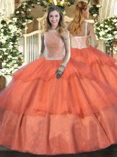 Superior Orange Red Sweet 16 Dress Military Ball and Sweet 16 and Quinceanera with Beading and Ruffled Layers High-neck Sleeveless Lace Up
