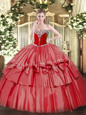 Popular Coral Red Ball Gowns Organza and Taffeta Sweetheart Sleeveless Beading and Ruffled Layers Floor Length Lace Up Quinceanera Dresses