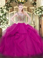 Fantastic Fuchsia Two Pieces Scoop Sleeveless Tulle Floor Length Lace Up Beading and Ruffles Sweet 16 Dress